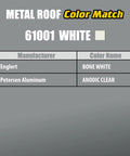 Color chart for metal roof sealant in 61001 white showing bone white and anodic clear for reference.
