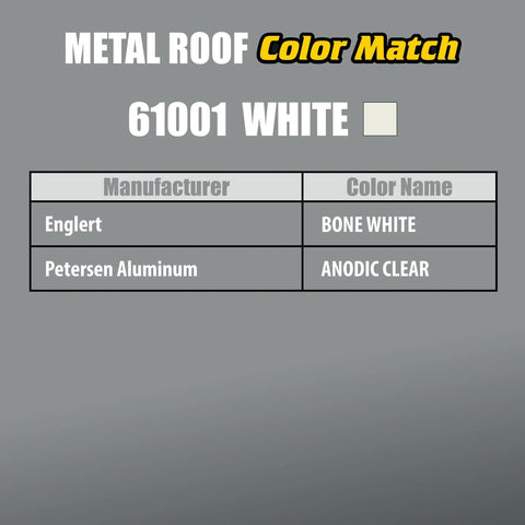 Color chart for metal roof sealant in 61001 white showing bone white and anodic clear for reference.