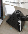 Three Side Power Strip Tower With Nine Outlets And Four USB Ports Thirteen In One Surge Protector on desk with laptop