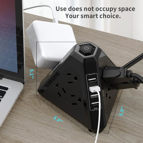 Three Side Power Strip Tower With Nine Outlets And Four USB Ports Thirteen In One Surge Protector on desk with laptop