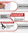 Pinch Point Danger Labels 50 Pcs, 5 X 3.5 Inch Durable PET Vinyl Safety Stickers with clear warning designs.