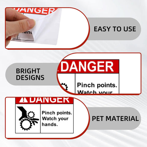 Pinch Point Danger Labels 50 Pcs, 5 X 3.5 Inch Durable PET Vinyl Safety Stickers with clear warning designs.