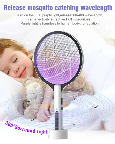 Dual Mode Electric Fly Swatter 4500V Bug Zapper Racket 2 In 1 Handheld Purple Light Mosquito Killer in use