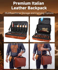 Open leather backpack displaying contents of Wood Carving Kit 30 Piece Tools Set With Leather Storage Bag Slick Deluxe Whittling Kit