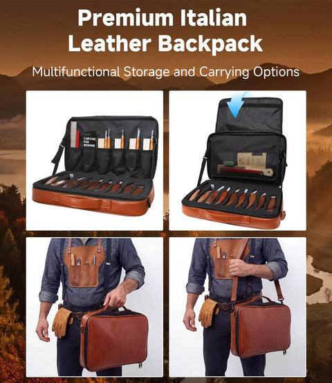 Open leather backpack displaying contents of Wood Carving Kit 30 Piece Tools Set With Leather Storage Bag Slick Deluxe Whittling Kit