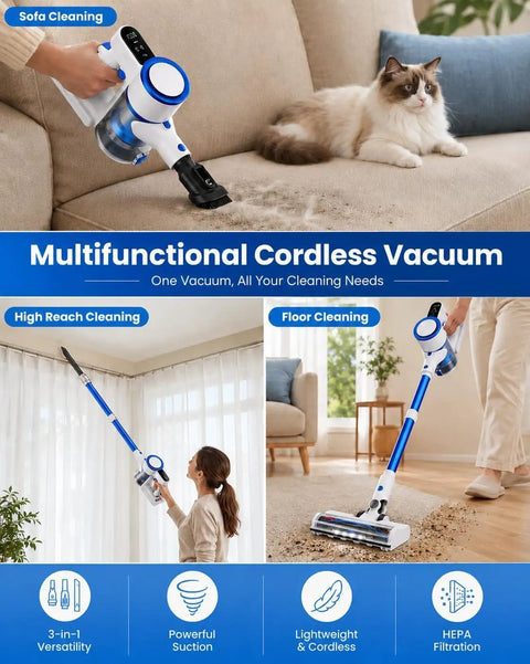 BeastMode Cordless Stick Vacuum Delivering Kickass 45Kpa Suction And Antitangle Brush using for cleaning pet hair from sofa.