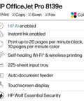 Features of OfficeJet Pro 8139e Wireless All In One Color Inkjet Printer With Print Scan Copy Fax Auto Document Feeder Duplex