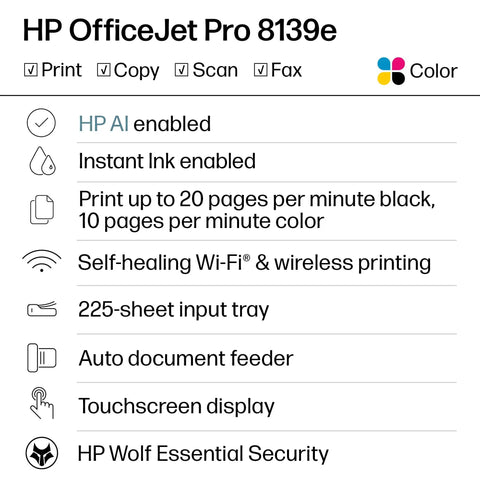 Features of OfficeJet Pro 8139e Wireless All In One Color Inkjet Printer With Print Scan Copy Fax Auto Document Feeder Duplex