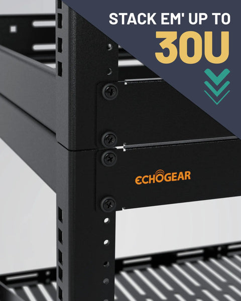 Heavy Duty 10U Open Frame Server Rack Packing Badass Airflow And A No Sweat Diy Build, Comes With Dual Vented Shelves close-up of stacking options.