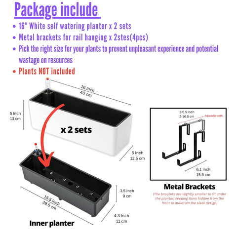 Total Patio Flex 16 Inch White Railing Planter Boxes 2 Pack Over Balcony Self Watering With Metal Brackets Plastic Window Boxes For Outdoor Herbs Deck Fence Garden Zero Stress Setup package includes dimensions and bracket details.