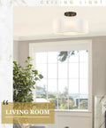 Black Semi Flush Mount Ceiling Light With Fabric Shade In Quatrefoil Shape in a living room, matte black finish.