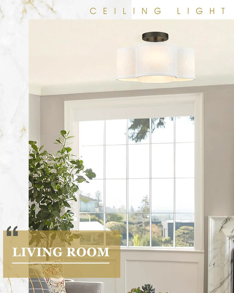 Black Semi Flush Mount Ceiling Light With Fabric Shade In Quatrefoil Shape in a living room, matte black finish.