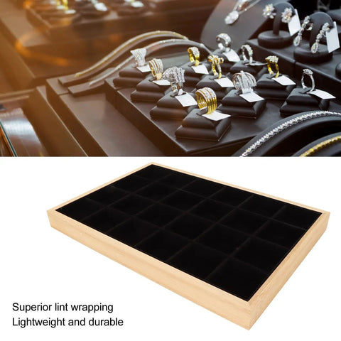 Dope Black Wooden Jewelry Tray With 24 Soft Padded Slots For Rings Bracelets Bangles And Chains Scratch Resistant Storage Holder Box view showing interior design.