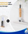 10 Inch Silicone Squeegee for Shower Doors, Mirrors, and Glass - Long Lasting Blade, Streak Free Shine, Easy Grip Bamboo Pivot Handle, White, Great for Tile Surfaces and Enclosures. Hanging loop and suction hook for storage