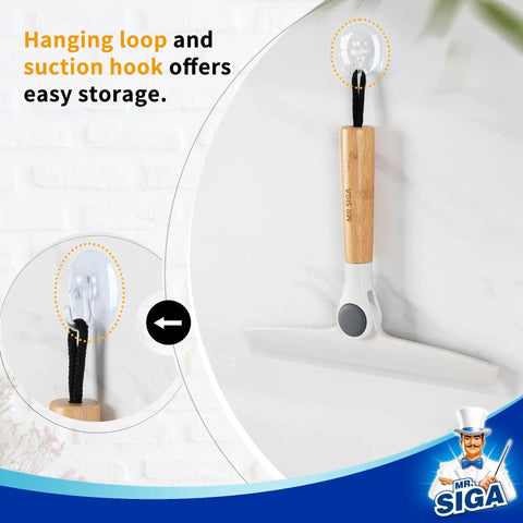 10 Inch Silicone Squeegee for Shower Doors, Mirrors, and Glass - Long Lasting Blade, Streak Free Shine, Easy Grip Bamboo Pivot Handle, White, Great for Tile Surfaces and Enclosures. Hanging loop and suction hook for storage