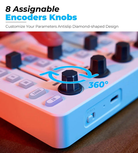 Close-up of 8 assignable knobs on Wireless MIDI Controller Mixer With 43 Backlit Buttons And USB MIDI Keyboard For PC And Mac