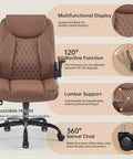 Brown leather home office desk chair with ergonomic back support, swivel wheels, flip-up armrests, adjustable rocking function