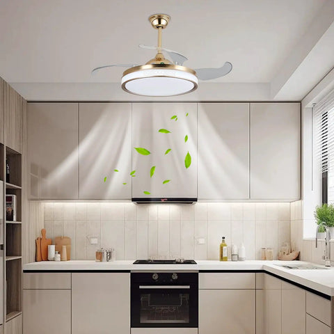 Ceiling Fan Light with Handheld Controller, 48W Illuminated Lamp for in a modern kitchen with sleek cabinetry.