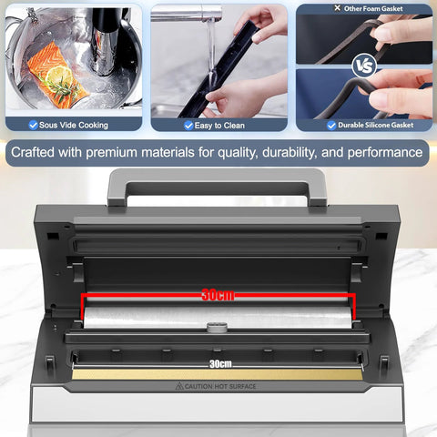 Vacuum sealer front view: black kitchen appliance with a 30 cm sealing bar and open lid.