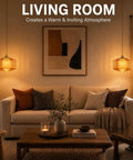 Plug In Dimmable Pendant Light Featuring Amber Drum Glass And Gold Fabric Inner Shade, Vintage Swag Hanging Lamp For Bedroom Or Kitchen, Total Room Game Changer With Super Cozy Main Character Vibes in a warm living room setting.