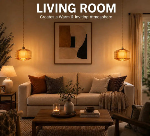 Plug In Dimmable Pendant Light Featuring Amber Drum Glass And Gold Fabric Inner Shade, Vintage Swag Hanging Lamp For Bedroom Or Kitchen, Total Room Game Changer With Super Cozy Main Character Vibes in a warm living room setting.