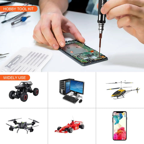 12-In-1 RC Screwdriver Set Dope Tool Kit With S2 Steel Bits for precise repairs of RC cars and electronics, showing usage examples.