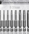 Eight Piece Torx Star Security Screwdriver Bits Set Magnetic Tamper Proof T8 T10 T15 T20 T25 T27 T30 T40 displayed on a gray background.