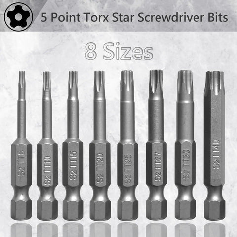Eight Piece Torx Star Security Screwdriver Bits Set Magnetic Tamper Proof T8 T10 T15 T20 T25 T27 T30 T40 displayed on a gray background.