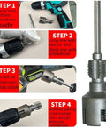 Heavy Duty Pipe Tapping And Threading Tool For PVC Pipes, assembly steps for using electric drill attachment with details.