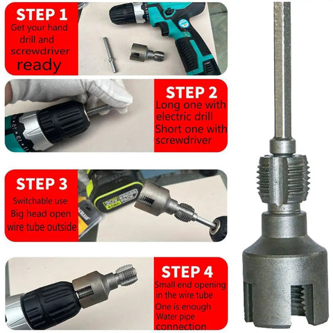 Heavy Duty Pipe Tapping And Threading Tool For PVC Pipes, assembly steps for using electric drill attachment with details.