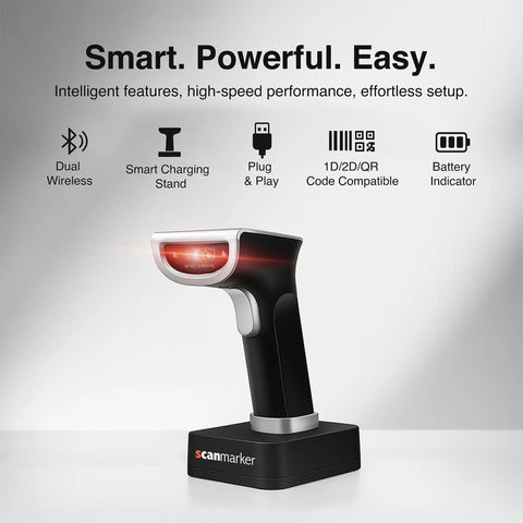 1D And 2D Wireless Barcode Scanner With Bluetooth And 2.4G Modes Handheld QR Code Reader on charging stand