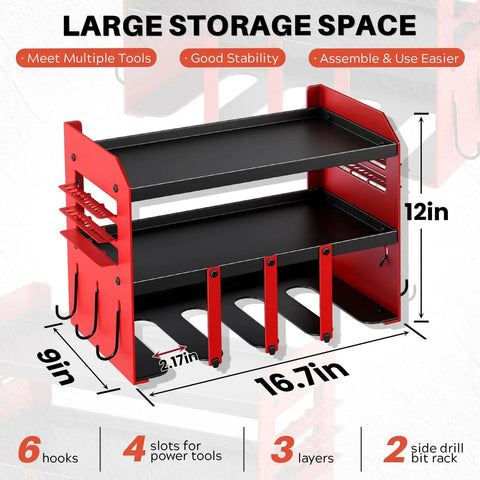 Heavy Duty Drill Tool Organizer Wall Mount With 120Lb Load Capacity, 3 Tier Storage Rack And 4 Drill Holders, garage use