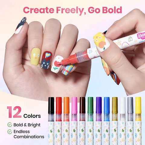 Applying design with 12 Color Nail Art Pens Set With 0.5mm Fine Tip For Precise Lines And Quick Air Drying Acrylic Markers