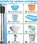 2000W Immersion Water Heater Portable Electric Submersible Bucket Heater With 304 Stainless Steel Guard And LCD Thermometer beside images of various containers suitable for use