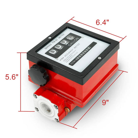 1.5 Inch Aluminum Mechanical Fuel Flow Meter FM-40 Series With Four Digital Readout, shown with dimensions, diesel transfer