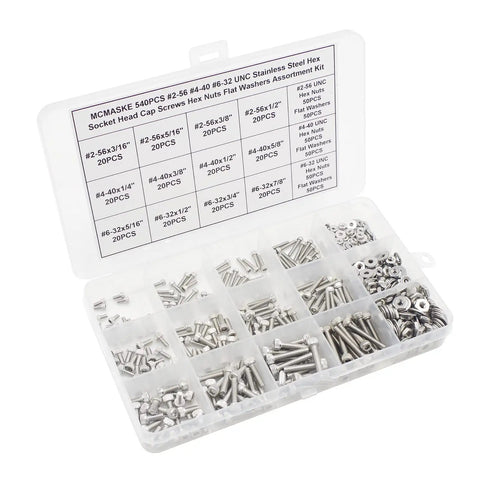 540-Piece Stainless Steel Socket Head Cap Screws, Hex Nuts, And Flat Washers All-In-One Assortment Kit For 2-56, 4-40, And 6-32 UNC Threads