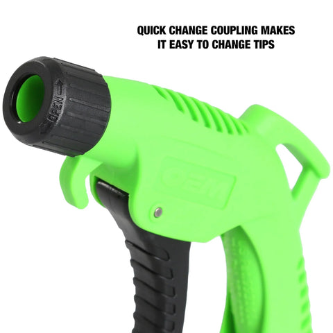 Close-up of green air blower gun from the Five Piece Air Blower Gun Kit with One Quarter Inch Inlet Turbo Nozzle Variable Trigger