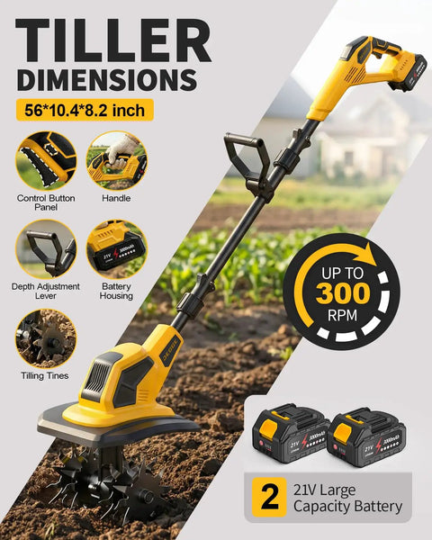 Cordless Tiller With 48 Steel Tines, 9 Inch Tilling Width And 6.7 Inch Depth, Dual 3.0Ah 21V Batteries And Charger, parts and RPM info