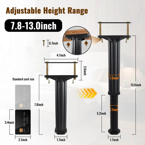 Heavy Duty Adjustable Bed Support Legs 4 Pack Fix That Wobbly Frame Fast features adjustable height range from 7.8 to 13 inches.