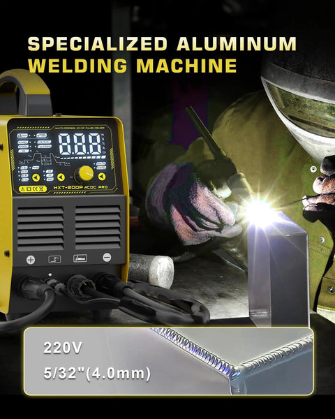 Welder using 200A AC DC TIG Welder With Pulse 220V, showing LCD and aluminum welding process