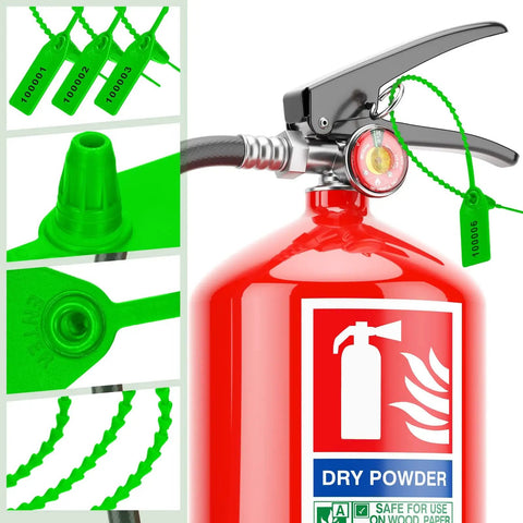 Close-up of a fire extinguisher with 1000 Pack Plastic Tamper Seals For Fire Extinguishers Self Locking Security Tags With Laser Printed Numbers.