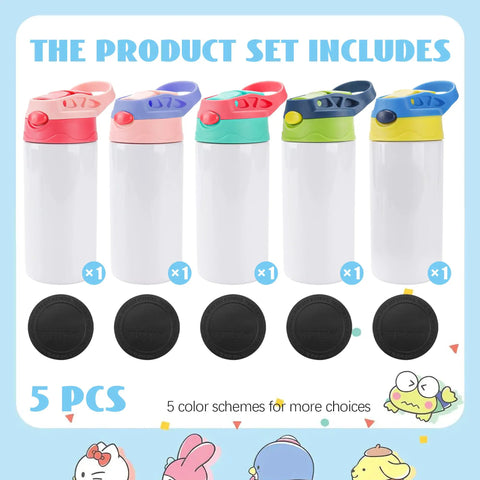 5 Pack Kids Sublimation Tumbler With Lid And Straw 12 Oz Stainless Steel Insulated Cups, varied colored lids displayed