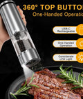 Electric Salt And Pepper Grinder Set USB Rechargeable With External Coarseness Control used on steak with LED light