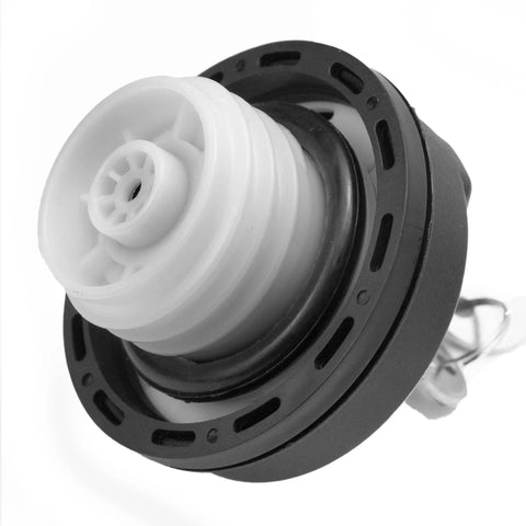 Close-up of a black and white Locking Gas Cap Replacement for Cars and SUVs, a keyed fuel cap that keeps your gas safe from thieves.
