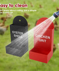 Bad Ass Gravity Fed Chicken Feeder With Rounded Edges, red and black plastic dispensers for grit and oyster shells, easy to clean.