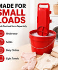 Game Changer Portable Mini Washing Machine With Digital Countdown Timer And Dual Agitator Quick Spin Laundry Soaker in red bucket with socks and underwear.