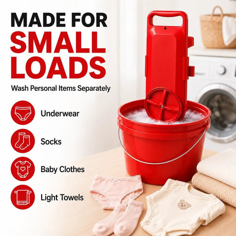 Game Changer Portable Mini Washing Machine With Digital Countdown Timer And Dual Agitator Quick Spin Laundry Soaker in red bucket with socks and underwear.