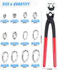 Front view of PEROMI 210-piece stainless steel single-ear hose clamp set with a Pincer tool, 12 sizes (6–36 mm).