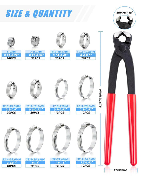 Front view of PEROMI 210-piece stainless steel single-ear hose clamp set with a Pincer tool, 12 sizes (6–36 mm).