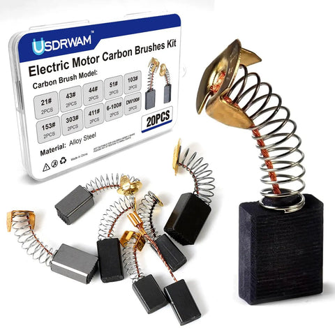 20Pcs Electric Motor Carbon Brushes Set For Replacement In Power Tools Fits Circular Table Saw Angle Grinder And Electric Hammer Drill 10 Models For Durable Conductivity And DIY Ready Performance, showing various brush sizes and packaging.